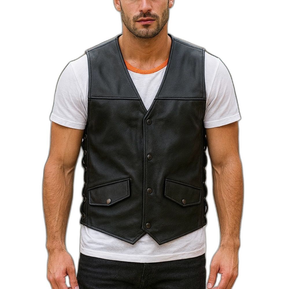 First classics Black Leather Vest with Orange Lining Biker Vest